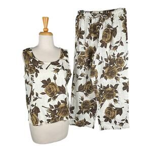 Hot Cotton 100% Linen White Green Rose Twin Set Small Tank High Waisted Pants